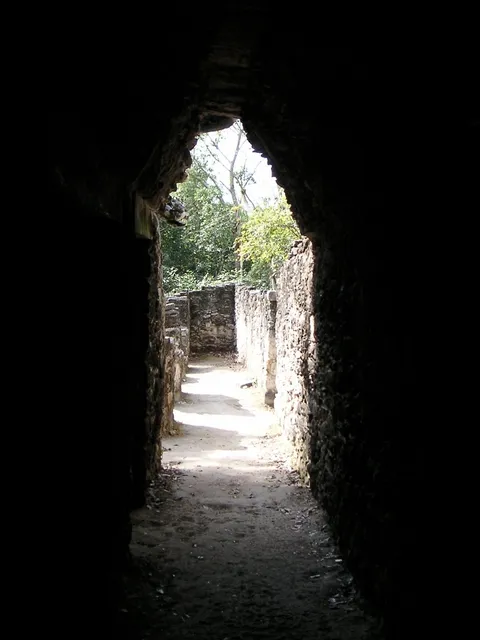Looking out from a stone archway into green light at Coba