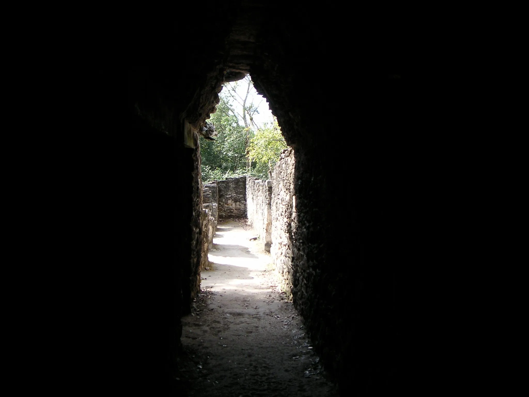 Looking out from a stone archway into green light at Coba